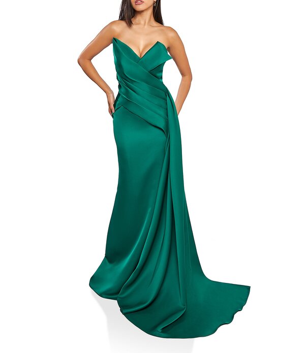 テラニクチュール レディース トップス 衣装 ドレープ 繻子 ストラップレス ノースリーブ Terani Couture Satin Straplessleeveless Drape Side Mermaid Gown Hunter Green 緑であること