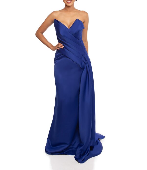 テラニクチュール レディース トップス 衣装 ドレープ 繻子 ストラップレス ノースリーブ Terani Couture Satin Straplessleeveless Drape Side Mermaid Gown Royal