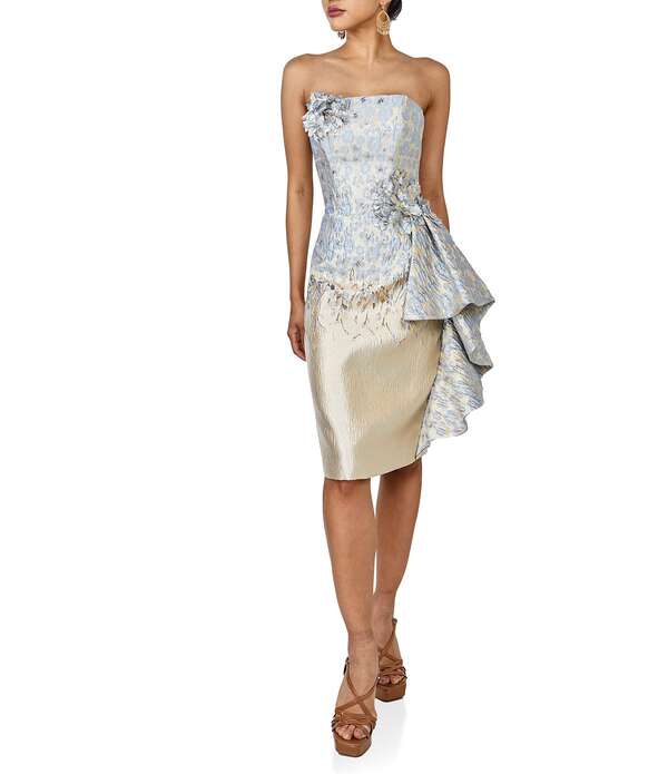 テラニクチュール レディース トップス 衣装 お花柄 ストラップレス お花 Terani Couture Strapless 3D Floral Applique Jacquard Sheath Dress Gold Gray 薄墨色
