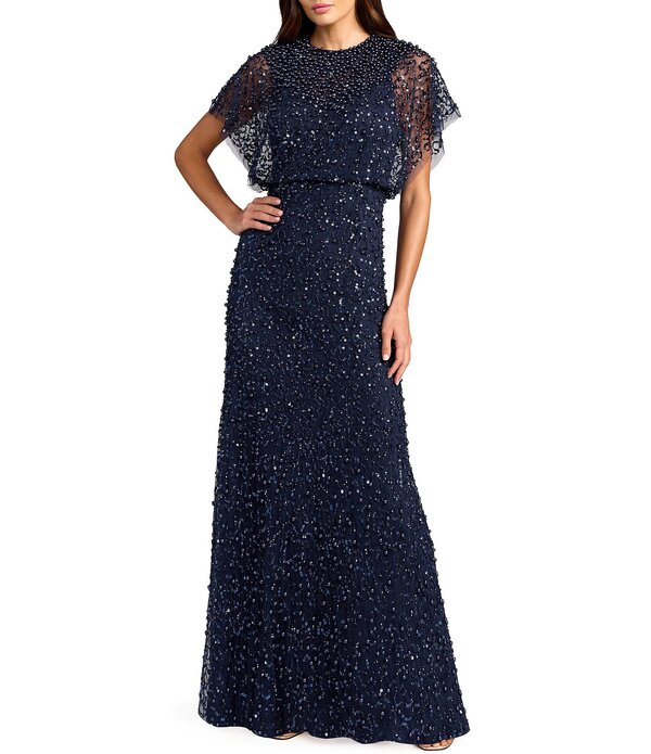 マックダガル レディース トップス 衣装 メッシュ スパンコール Mac Duggal Pearl Sequin Beaded Mesh Boat Neck Short Flutter Sleeve Shawl Gown Midnight パール
