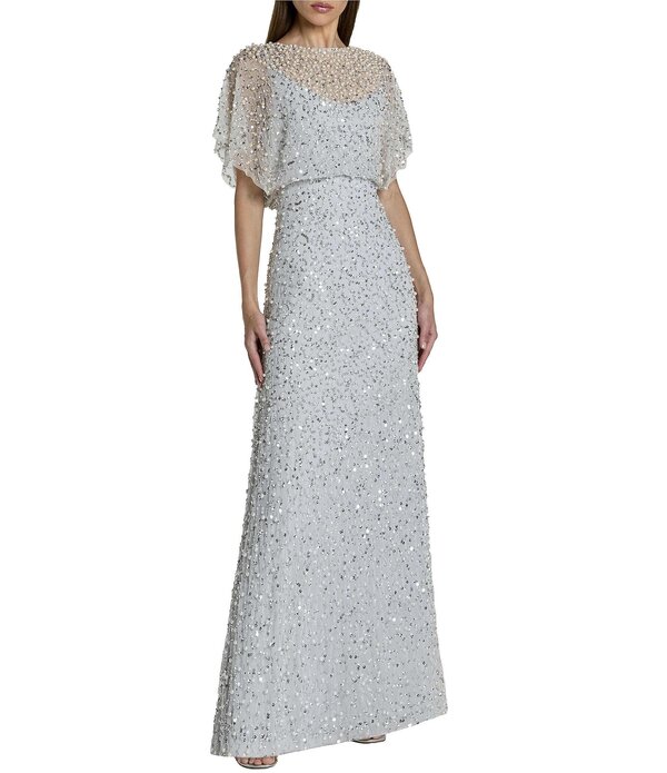 マックダガル レディース トップス 衣装 メッシュ スパンコール Mac Duggal Pearl Sequin Beaded Mesh Boat Neck Short Flutter Sleeve Shawl Gown Powder Blue 青色