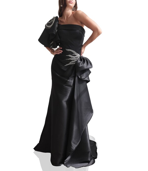 テラニクチュール レディース トップス 衣装 片方細長い切口 フラウンス スパンコール Terani Couture Mikadone Shoulderuffle Sleeve Sequin Applique Gathered Side Slit Gown Black 黒いこと