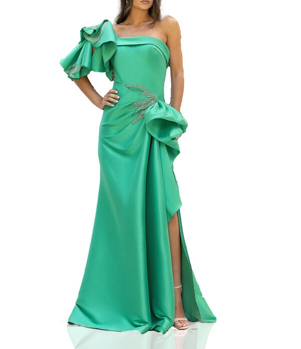 テラニクチュール レディース トップス 衣装 片方細長い切口 フラウンス スパンコール Terani Couture Mikadone Shoulderuffle Sleeve Sequin Applique Gathered Side Slit Gown Emerlad