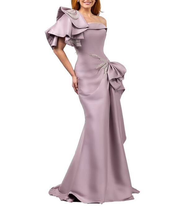 テラニクチュール レディース トップス 衣装 片方細長い切口 フラウンス スパンコール Terani Couture Mikadone Shoulderuffle Sleeve Sequin Applique Gathered Side Slit Gown Mauve