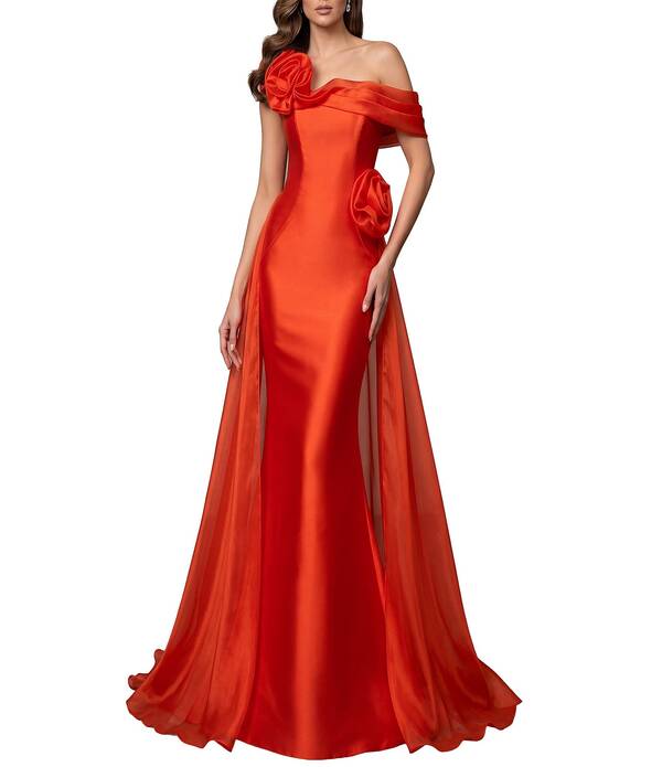 テラニクチュール レディース トップス ワンピース Terani Couture Mikadone Shoulderosette Applique Train Gown Red レッド｜ReVida 店 109,400円