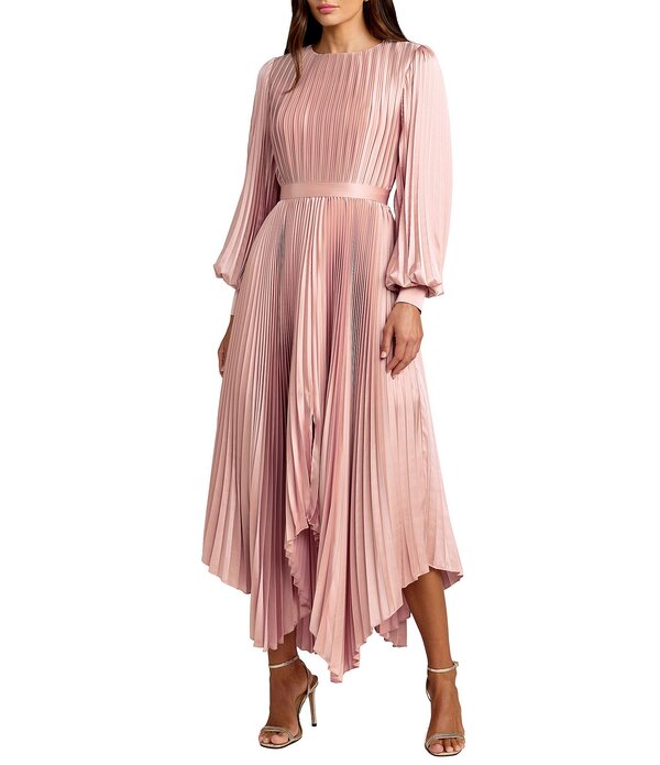 マックダガル レディース トップス 衣装 軽気球捩り 筋目 MIDI 繻子 Mac Duggal Pleated Satin Round Neck Long Balloon Sleeve Hanky Hemidi Dress Blush 毛はらい