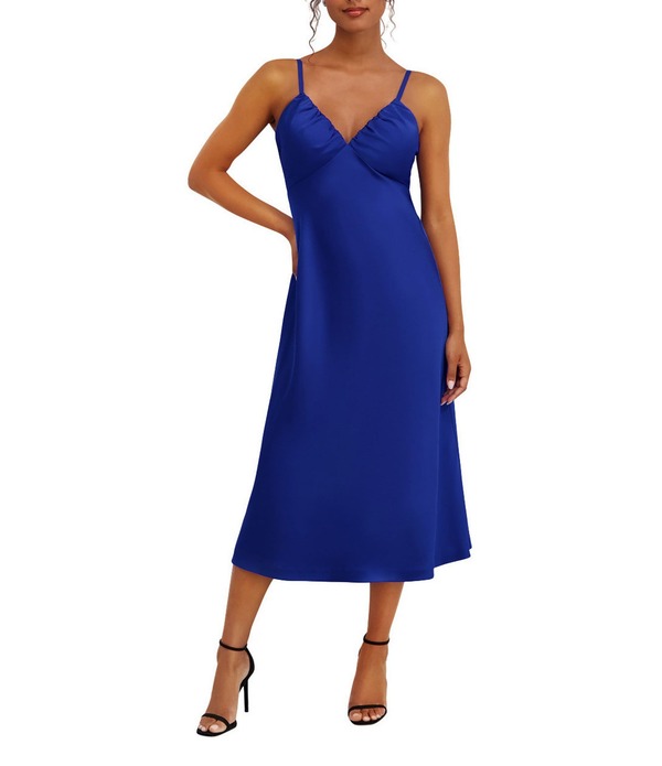 シエナ レディース トップス 衣装 Vのど首 MIDI 繻子 ノースリーブ SIENA Matte Satin V-Neck Sleevelesspaghetti Strapslip Midi Dressapphire サファイア