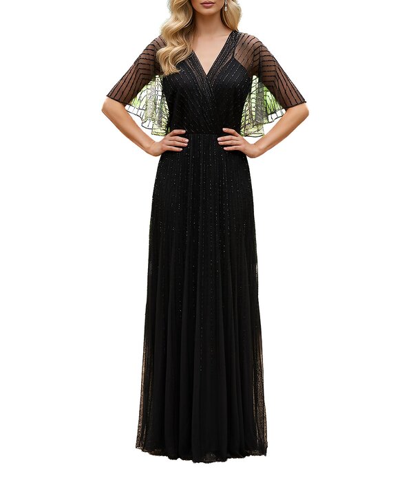 テラニクチュール レディース トップス 衣装 メッシュ スパンコール Terani Couture Flutter Sleeve Sequin Mesh Blouson Gown Black 黒いこと