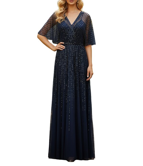 テラニクチュール レディース トップス 衣装 メッシュ スパンコール Terani Couture Flutter Sleeve Sequin Mesh Blouson Gownavy 米国海軍