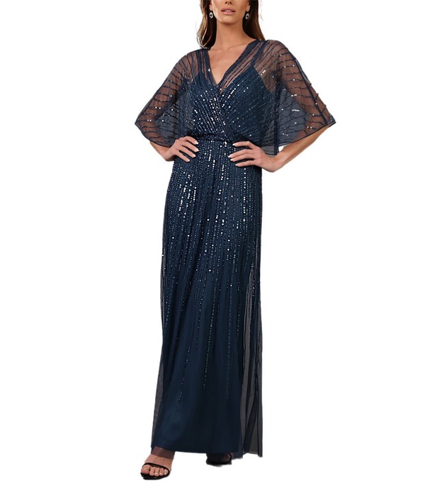 テラニクチュール レディース トップス 衣装 メッシュ スパンコール Terani Couture Flutter Sleeve Sequin Mesh Blouson Gown Petrol