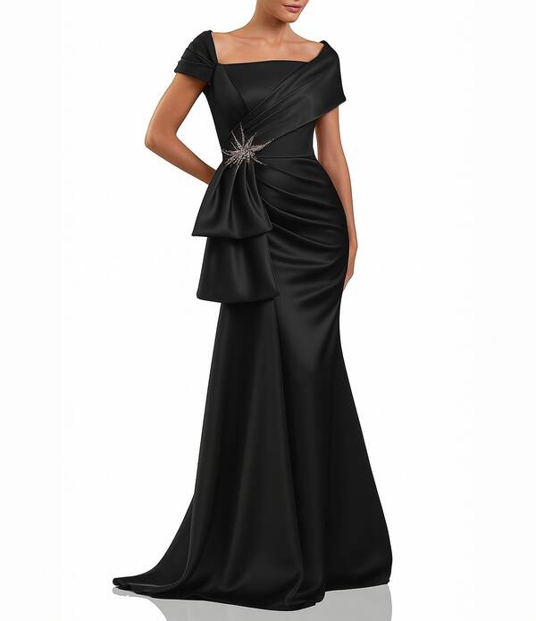 テラニクチュール レディース トップス 衣装 ドレープ 繻子 Terani Couture Satin Off The Shoulder Neck Short Sleeve Front Rhinestone Drape Gown Black 黒いこと