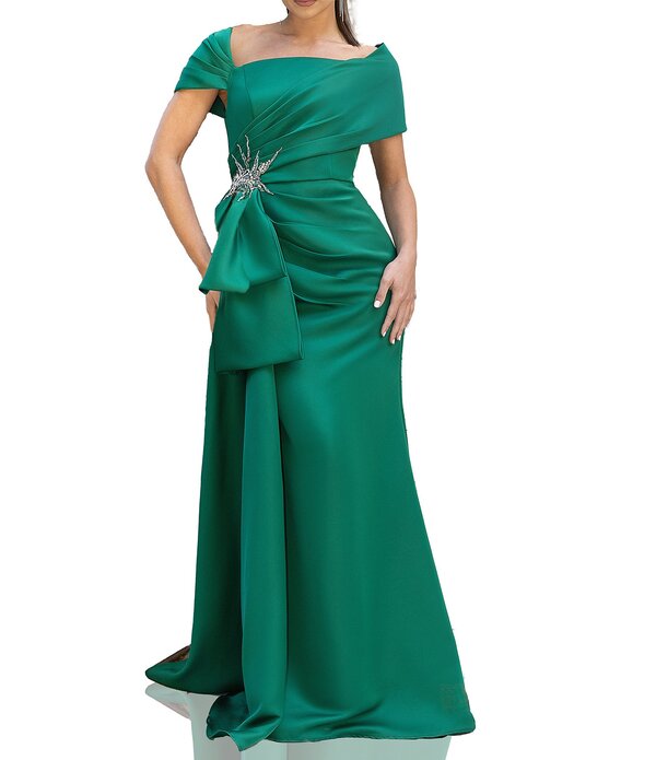 テラニクチュール レディース トップス 衣装 ドレープ 繻子 Terani Couture Satin Off The Shoulder Neck Short Sleeve Front Rhinestone Drape Gown Emerald エメラルド