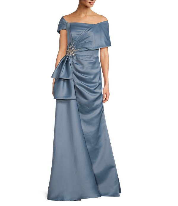 テラニクチュール レディース トップス 衣装 ドレープ 繻子 Terani Couture Satin Off The Shoulder Neck Short Sleeve Front Rhinestone Drape Gown Slate スレート