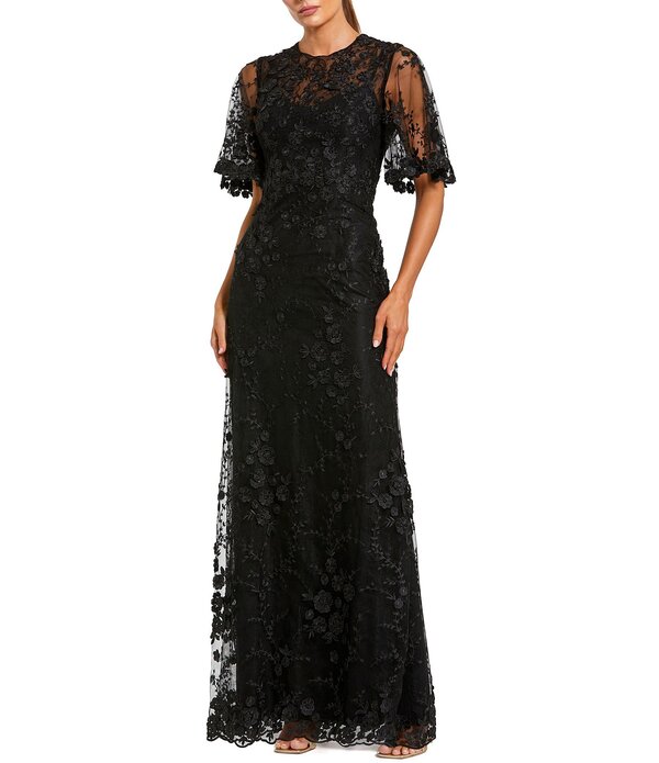 マックダガル レディース トップス 衣装 労働者の一団のど頚 お花柄 お花 Mac Duggal Floral Embellished Net Crew Neck Short Flutter Sleeve Gown Black 黒いこと