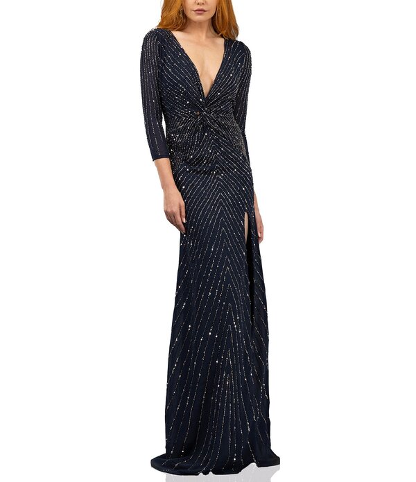 テラニクチュール レディース トップス 衣装 Vのど首 シフォン スパンコール Terani Couture V Neck 3/4 Sleeve Sequin Chiffon Column Gownavy 米国海軍
