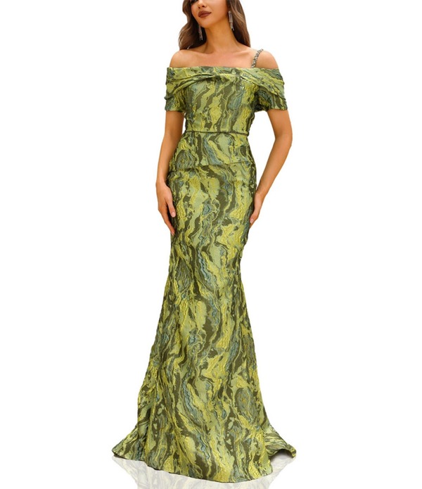 テラニクチュール レディース トップス 衣装 Terani Couture Off Shoulder 1 Strap Jacquard Mermaid Gown Green 緑であること