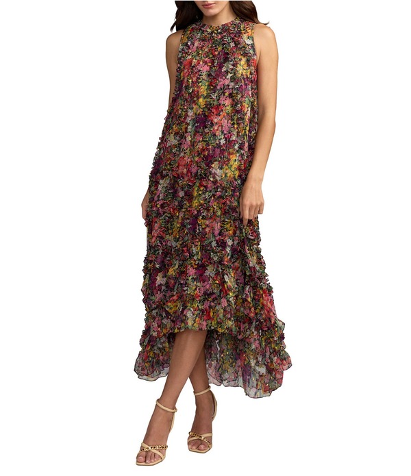 マックダガル レディース トップス 衣装 モックネック シフォン 刷り上げる フラウンス MIDI Mac Duggal Mock Neck Micro Ruffle Printed Chiffon Shift Midi Dress Black Multi 黒いこと