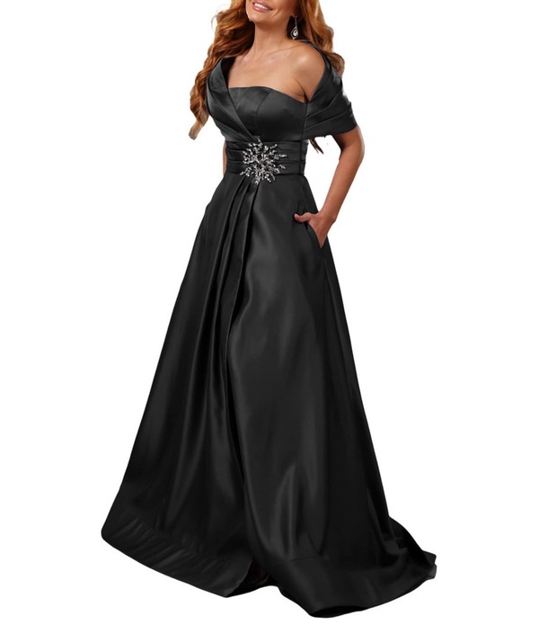 テラニクチュール レディース トップス ワンピース A ライン ワンショルダー サテン ノースリーブ Terani Couture Satin One-Shoulder Neck Sleeveless Beaded Applique A-Line Gown Black ブラック|ReVida 店