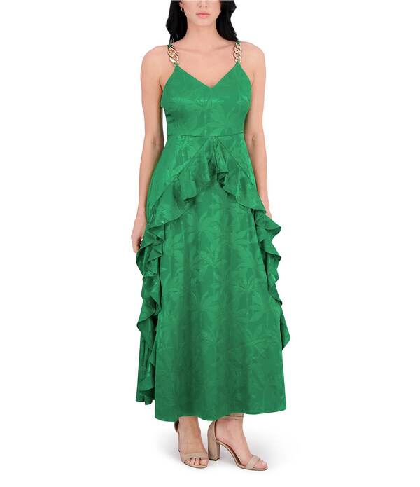 シエナ レディース トップス 衣装 Vのど首 A 生産ライン フラウンス 繻子 ノースリーブ マキシ SIENA Satin Jacquard V Neck Sleeveless Chain Straps Ruffle A-Line Maxi Dress Trop Green 緑であること