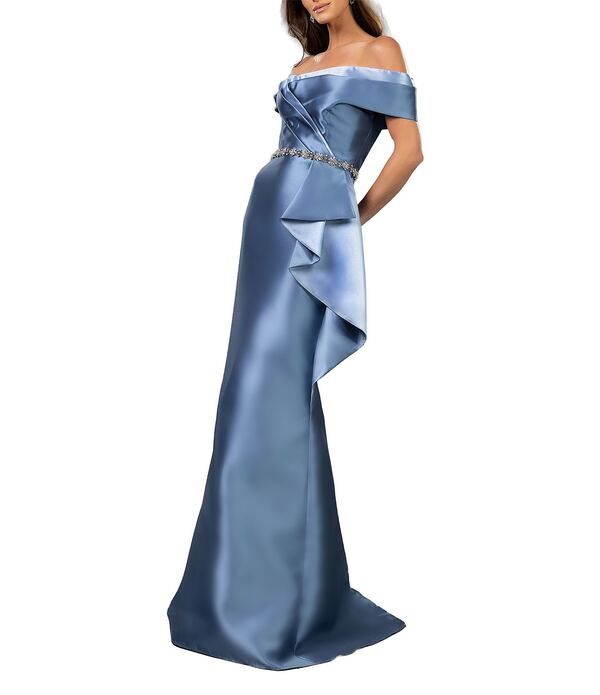 テラニクチュール レディース トップス 衣装 フラウンス Terani Couture Off-The-Shoulderuffle Front Mikado Sheath Gown Denim Blue ジーンズ