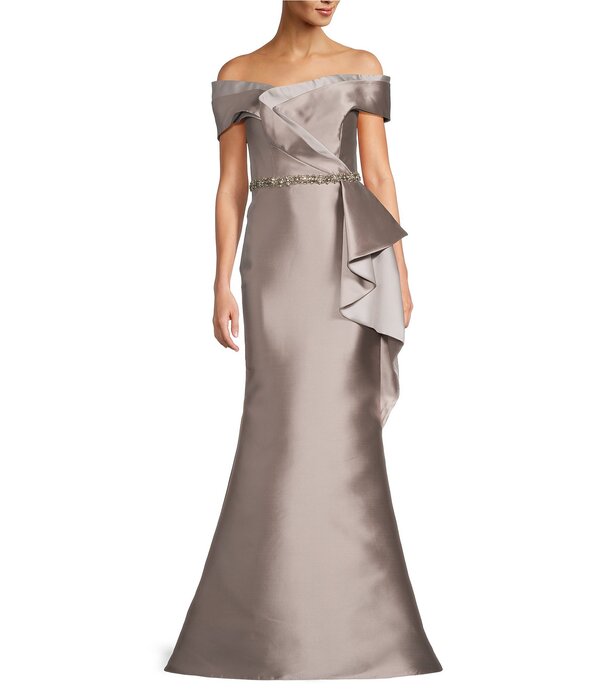 テラニクチュール レディース トップス 衣装 フラウンス Terani Couture Off-The-Shoulderuffle Front Mikado Sheath Gown Taupe Silver トープ