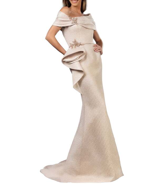 テラニクチュール レディース トップス ワンピース フリル トール Terani Couture Off-The-Shoulderuffle Front Metallic Jacquard Mermaid Gown Champagne シャンパン｜ReVida 店