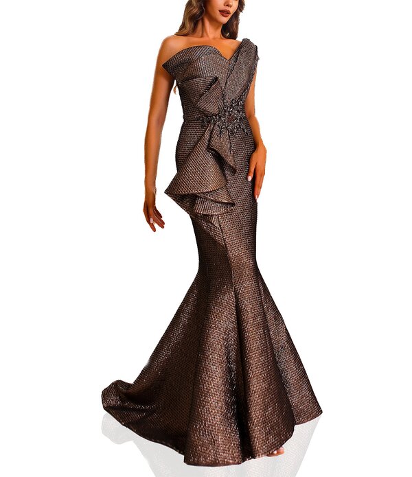 テラニクチュール レディース トップス ワンピース フリル Terani Couture One Shoulder 3D Ruffle Front Jacquard Mermaid Gown Amber アンバー｜ReVida 店