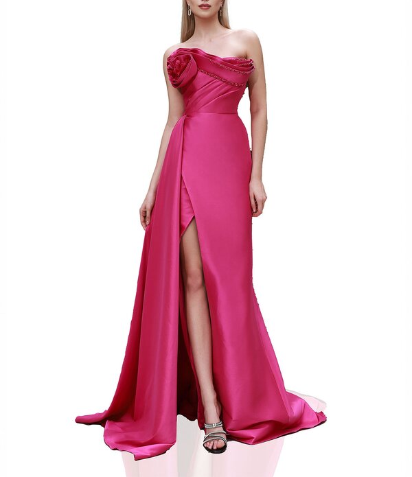 テラニクチュール レディース トップス 衣装 御花柄 ドレープ ストラップレス 御花 Terani Couture 3D Floral Straplesstretch Mikado Drape Front Sheath Gown Fuchsia フューシャ