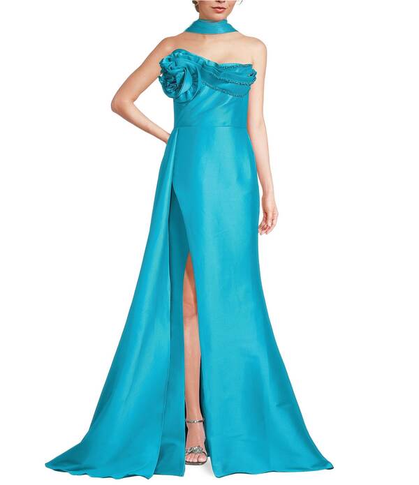 テラニクチュール レディース トップス 衣装 御花柄 ドレープ ストラップレス 御花 Terani Couture 3D Floral Straplesstretch Mikado Drape Front Sheath Gown Turquoise 青緑色