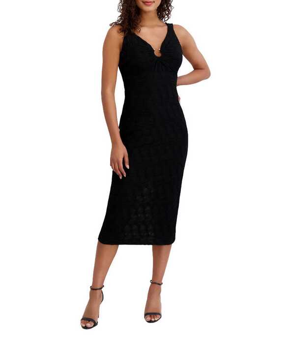 シエナ レディース トップス 衣装 Vのど首 ノースリーブ 編み物 SIENA Texture Knit V-Neck Sleeveless Hardware Sheath Dress Black 黒いこと