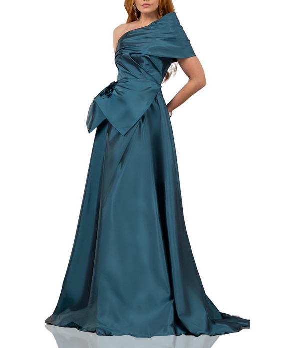 テラニクチュール レディース トップス 衣装 ドレープ Terani Couture One Shoulder Taffeta Draped Gown Dark Teal ティール