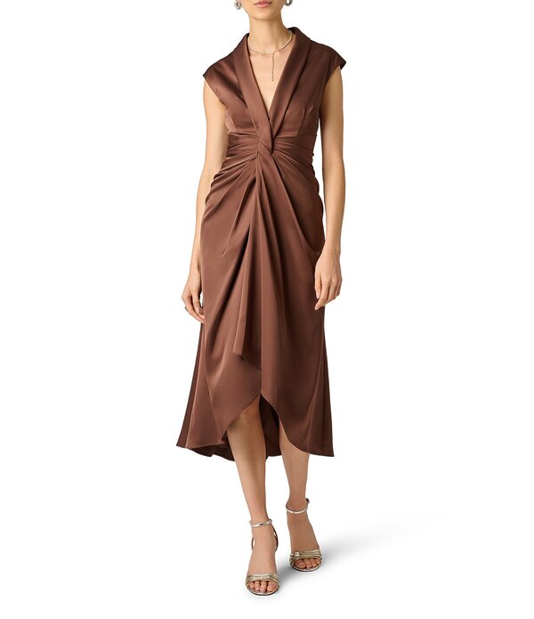 アイダンマットックス レディース トップス 衣装 Vのど首 MIDI 繻子 旗がしら Aidan Mattox Cap Sleeve V-Neck Satin Midi Dress Espresso