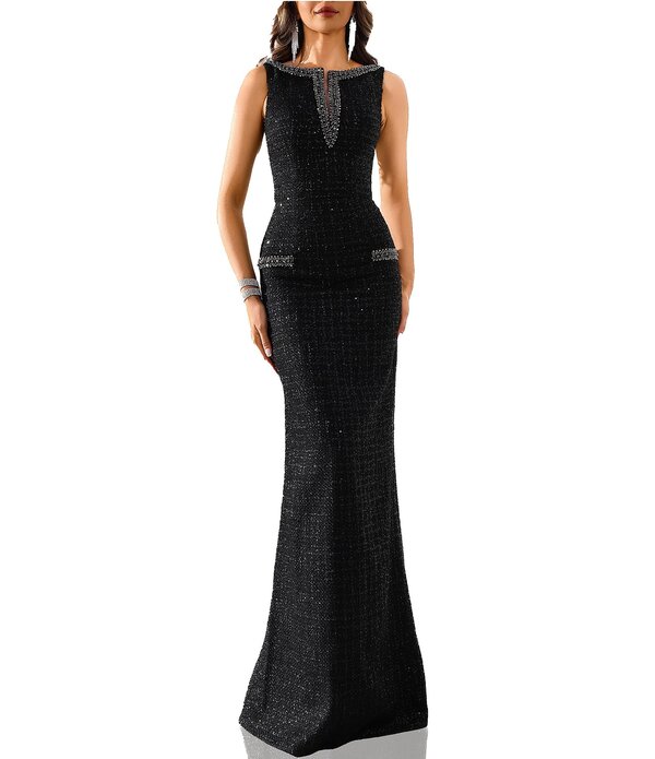 テラニクチュール レディース トップス 衣装 ツィード ノースリーブ Terani Couturembellished Boat Neck Sleeveless Tweed Column Gown Black 黒いこと