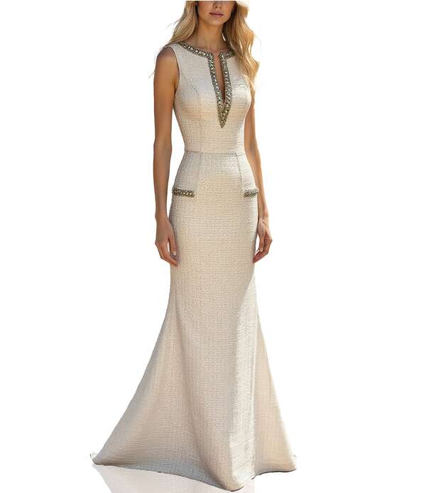 テラニクチュール レディース トップス 衣装 ツィード ノースリーブ Terani Couturembellished Boat Neck Sleeveless Tweed Column Gown Cream 皮膚軟化剤