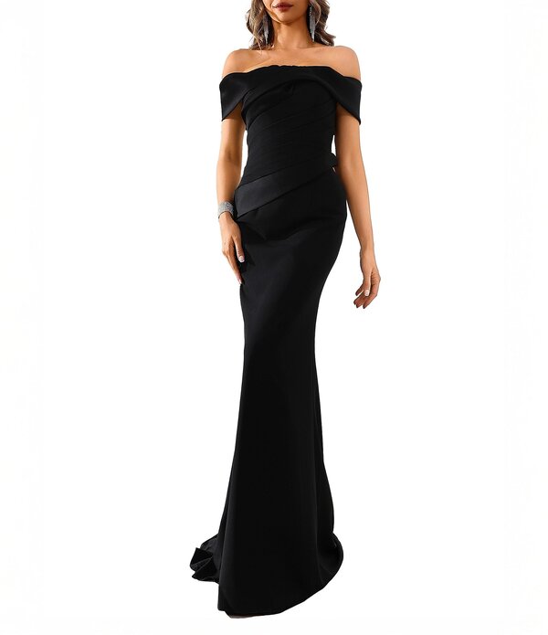テラニクチュール レディース トップス 衣装 粘土筋目 Terani Couture Off The Shoulder Pleated Bodice Crepe Mermaid Gown Black 黒いこと