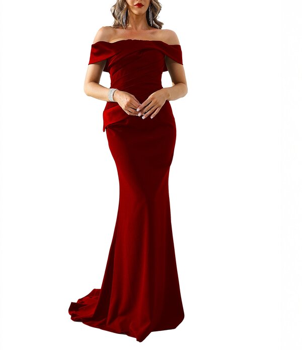 テラニクチュール レディース トップス 衣装 粘土筋目 Terani Couture Off The Shoulder Pleated Bodice Crepe Mermaid Gown Port