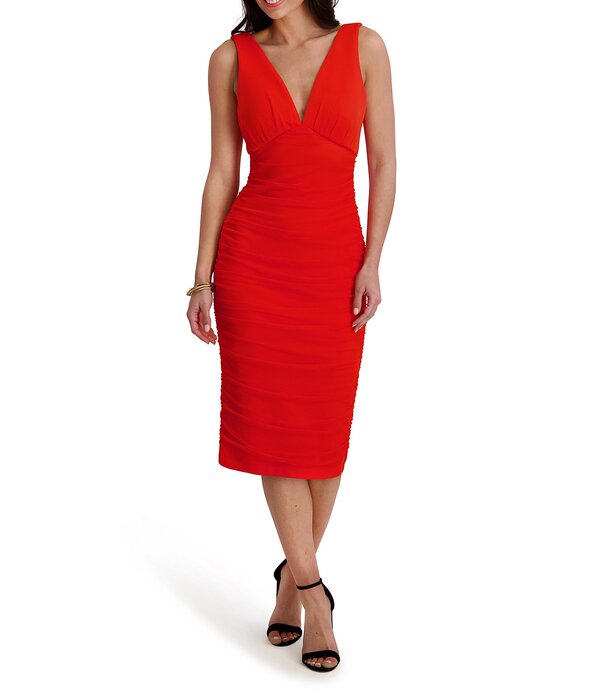 シエナ レディース トップス 衣装 ギャザー メッシュ MIDI SIENA Mesh Ruched Bodycon Midi Dress Hot Coral コーラル