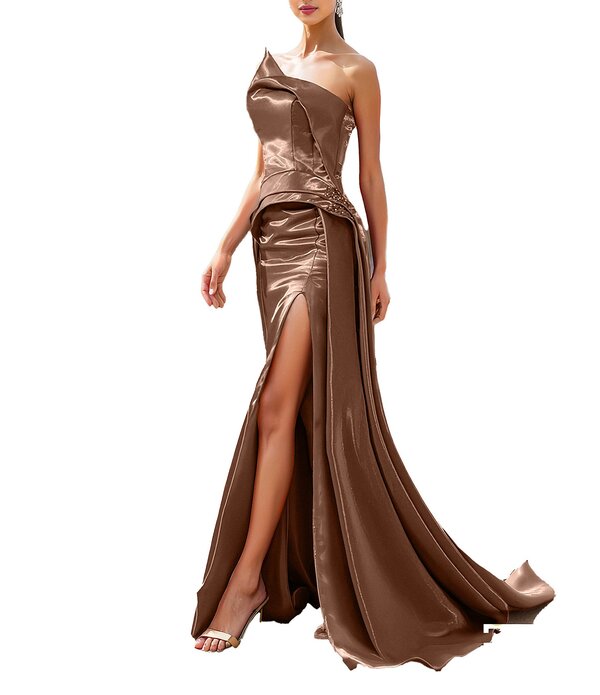 テラニクチュール レディース トップス 衣装 非対称 ストラップレス 編み物 Terani Couture Shimmer Knit Asymmetric Strapless High Slit Gown Espresso