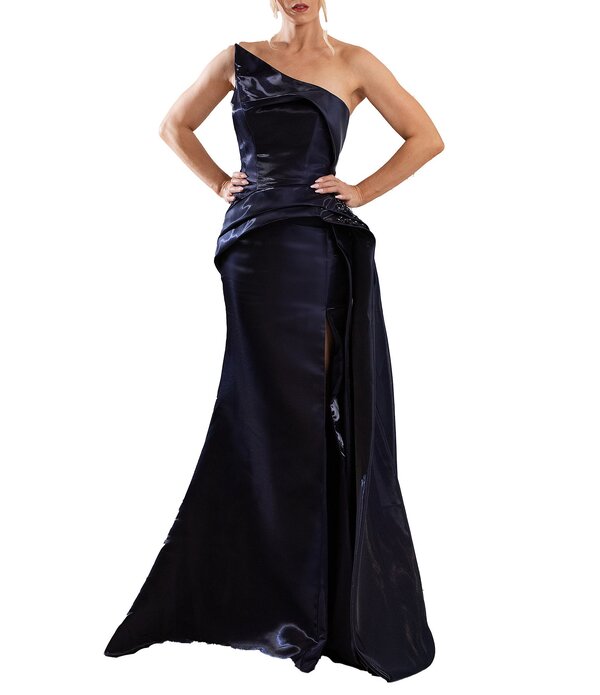 テラニクチュール レディース トップス 衣装 非対称 ストラップレス 編み物 Terani Couture Shimmer Knit Asymmetric Strapless High Slit Gown Indigo インディゴ