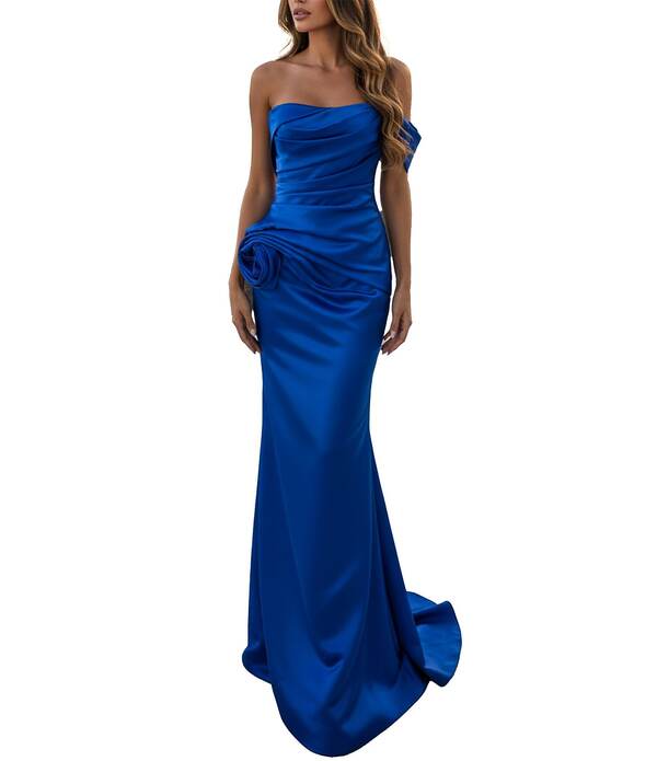 テラニクチュール レディース トップス 衣装 Terani Couture One Off-The-Shoulder Shimmer Sheath Gown Royal