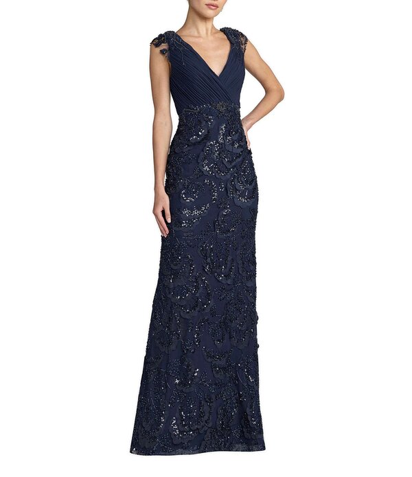 マックダガル レディース トップス ワンピース Vネック シフォン 刺繍 Mac Duggal Chiffon V-Neck Embroidered Gown Midnight｜ReVida 店