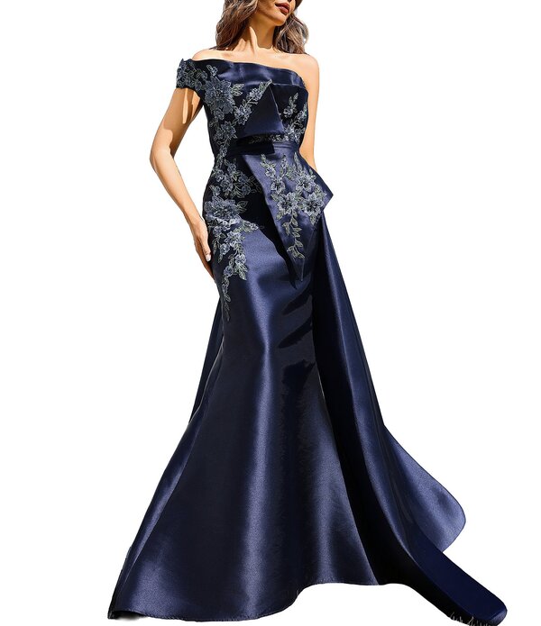 テラニクチュール レディース トップス ワンピース A ライン Terani Couture Mikado Embellished Bodice One Off-The-Shoulder A-Line Gownavy Navy ネイビー｜ReVida 店