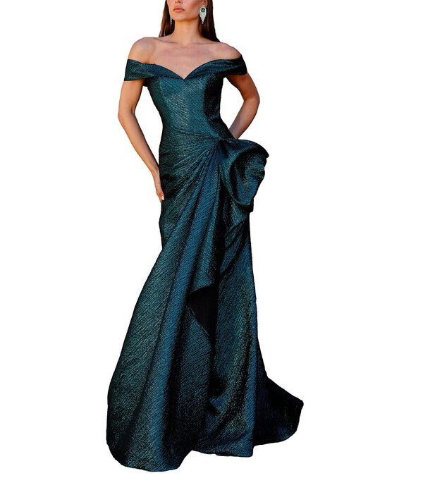 テラニクチュール レディース トップス 衣装 フラウンス Terani Couture Foil Jacquard Off The Shoulderuffled Mermaidress Hunter