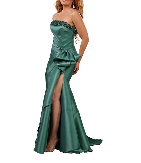 テラニクチュール レディース トップス 衣装 フラウンス ストラップレス Terani Couture Stretch Mikado Embellished Strapless Ruffle Mermaid Gown Emerald エメラルド