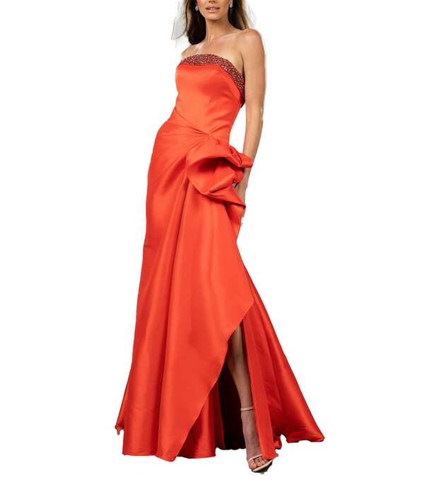 テラニクチュール レディース トップス 衣装 フラウンス ストラップレス Terani Couture Stretch Mikado Embellished Strapless Ruffle Mermaid Gown Red 赤いこと