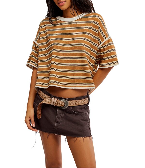 フリーピープル レディース トップス プルオーバー 刷り上げる Free People We The Free Clean Rugby Stipe Print Scoop Neck Short Sleeve Tee Almond Combo