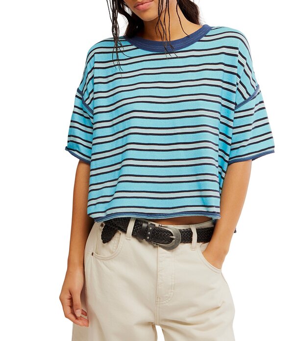 フリーピープル レディース トップス プルオーバー 刷り上げる Free People We The Free Clean Rugby Stipe Print Scoop Neck Short Sleeve Tee Crystal Blue Combo 青色