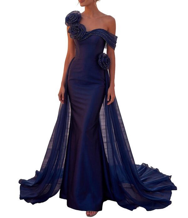 テラニクチュール レディース トップス 衣装 A 生産ライン Terani Couture Mikadorganza 3D Rosette One Shoulder A-Line Gownavy 米国海軍