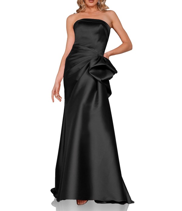 テラニクチュール レディース トップス 衣装 A 生産ライン フラウンス ストラップレス Terani Couture Mikado Straplesside Ruffle A-Line Longown Black 黒いこと