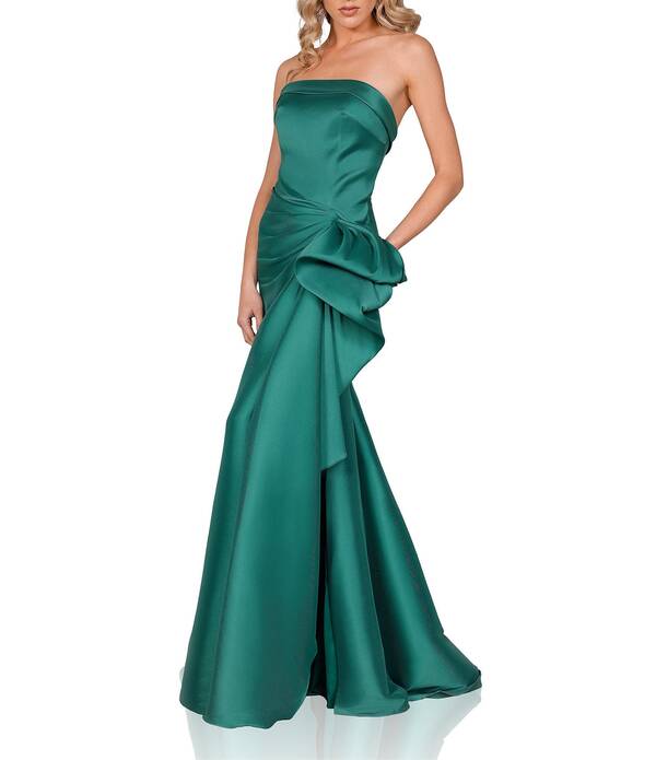 テラニクチュール レディース トップス 衣装 A 生産ライン フラウンス ストラップレス Terani Couture Mikado Straplesside Ruffle A-Line Longown Emerald エメラルド